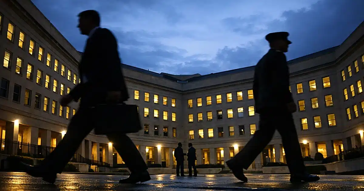 Pentagon courtyard at dusk with silhouetted figures walking in opposite directions amid institutional architecture