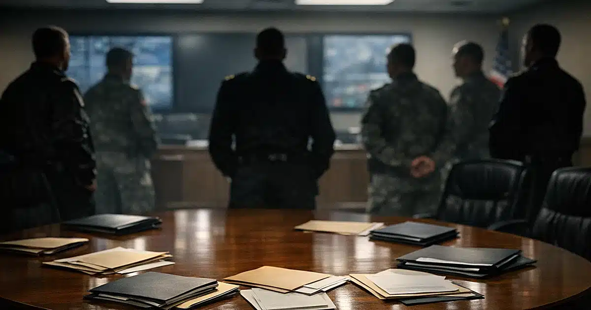 Military briefing room with silhouetted officers around table covered in blank promotion documents