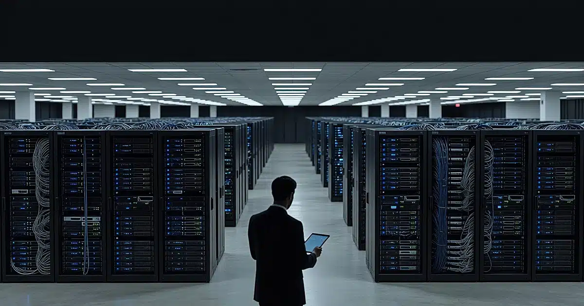 Silhouetted figure reviewing data in federal server room with rows of illuminated equipment racks