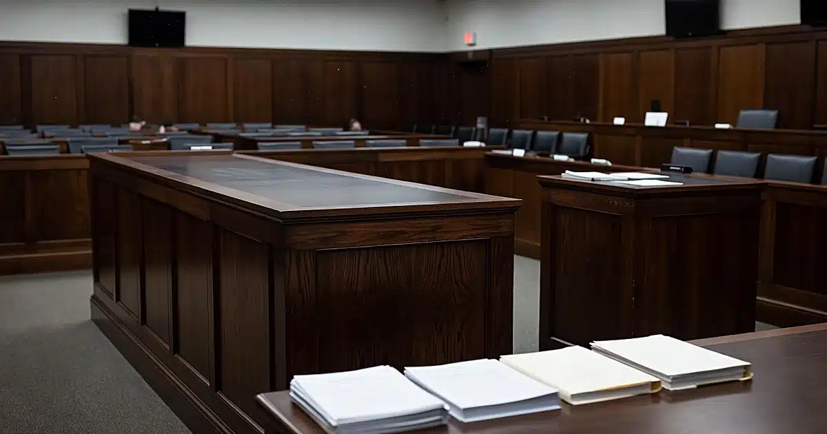 Empty federal courtroom interior with judicial bench, witness stand, and legal documents on table