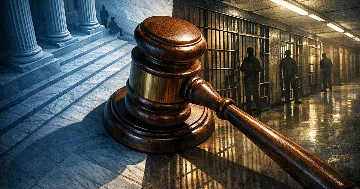 Gavel positioned between courthouse columns and detention facility bars, casting a long shadow across both spaces