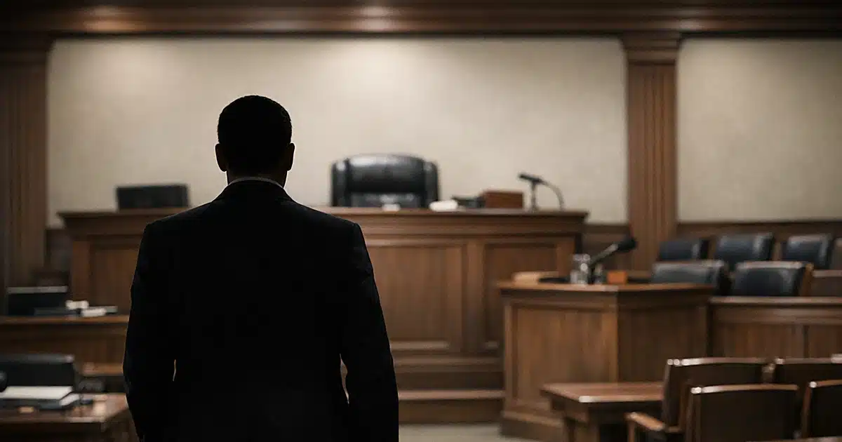 Empty courtroom with silhouetted figure facing judicial bench in dramatic lighting
