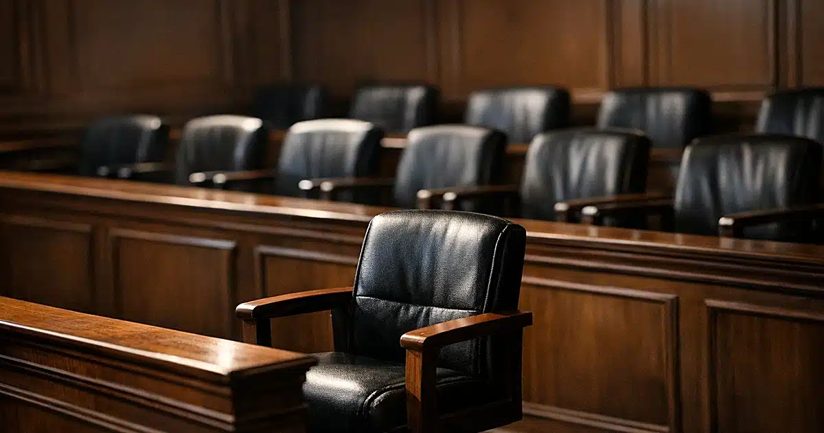 Empty jury box in courtroom with single chair in sharp focus, other seats blurred in background
