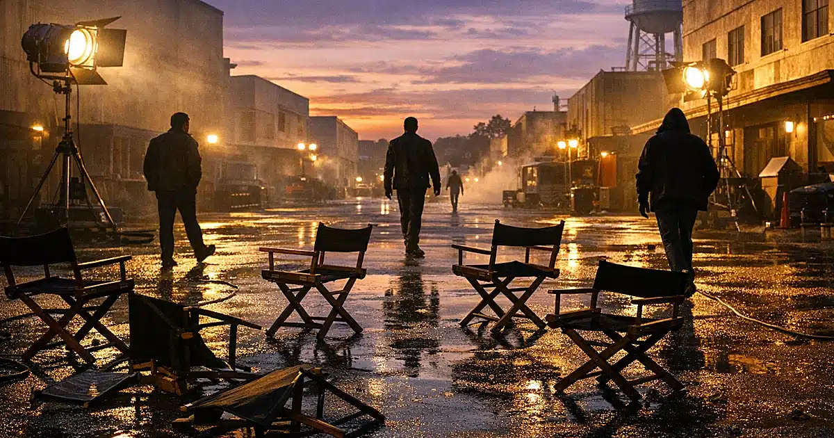 Empty director chairs scattered on Hollywood backlot as silhouetted figures walk away in different directions at dusk