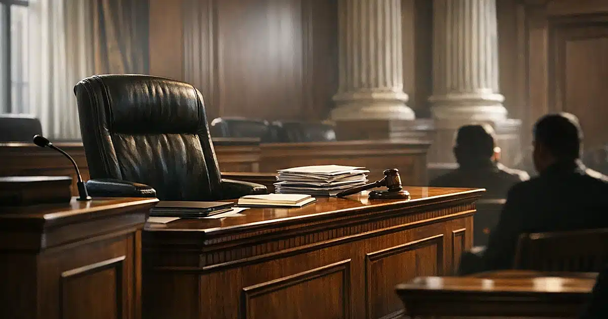 Empty federal immigration courtroom with judge's bench and witness stand in dramatic window lighting