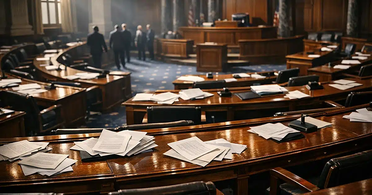 Empty legislative chamber with scattered papers on desks after congressional vote