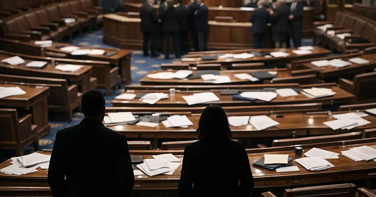 Legislative chamber interior with scattered papers on desks and separated silhouetted figures showing political division