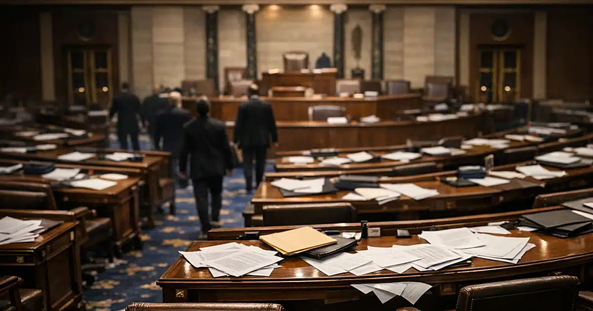 Wide view of legislative chamber with scattered papers on empty desks after voting session