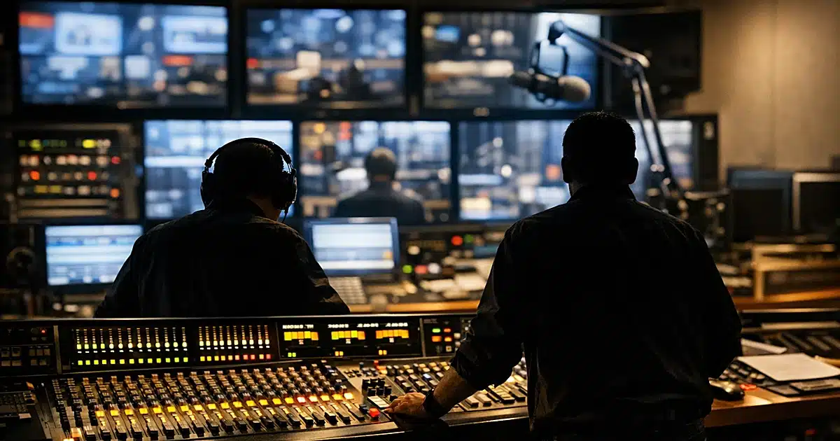 Broadcast radio studio control room with mixing console and silhouetted audio engineers at work