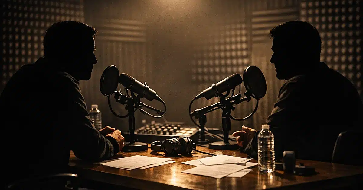 Two silhouetted figures in podcast recording studio with microphones and audio equipment during interview session