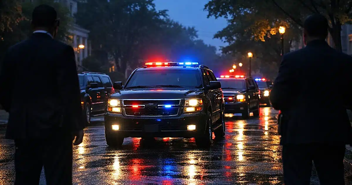 Secret Service motorcade of black SUVs parked on residential street at dusk with agent silhouettes
