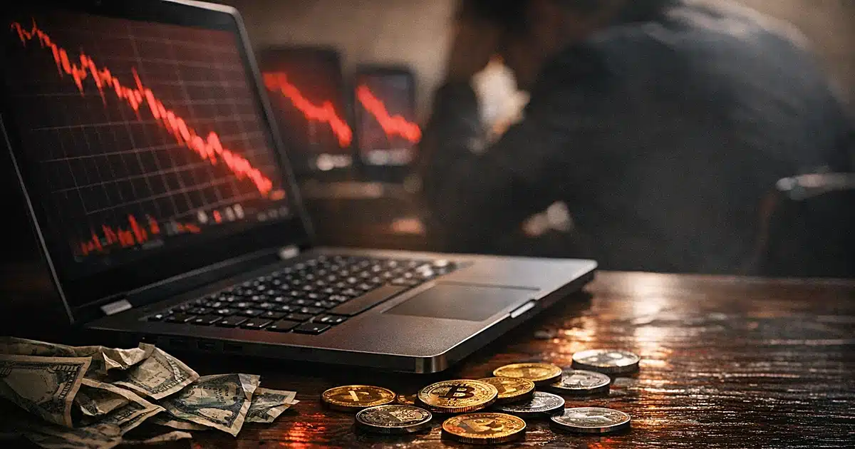 Laptop computer surrounded by cryptocurrency tokens and cash with declining charts glowing on phone screens
