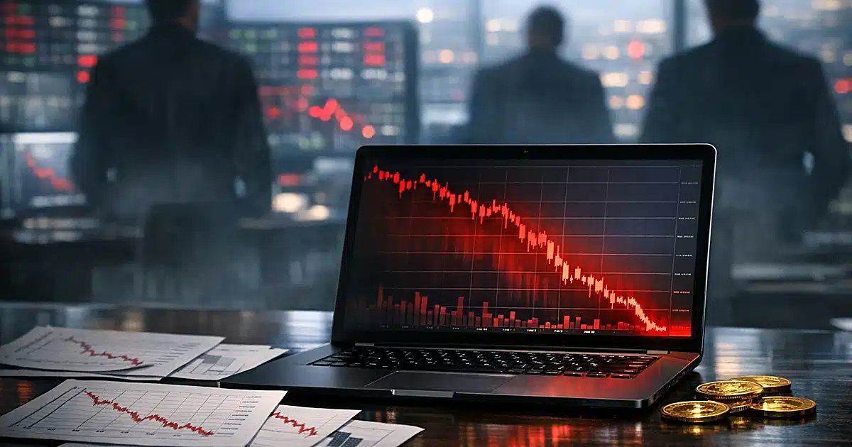 Laptop on trading desk with scattered charts showing cryptocurrency price collapse in red