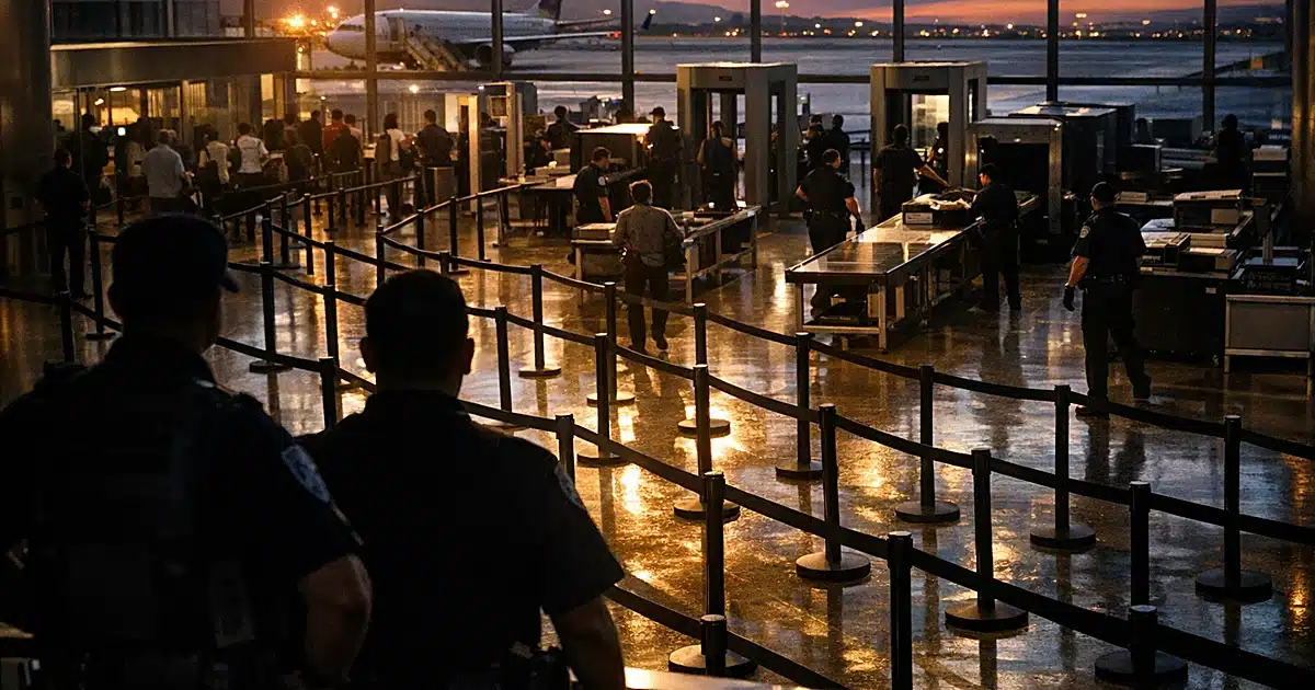 Airport security checkpoint with silhouetted federal officers near metal detectors at dusk
