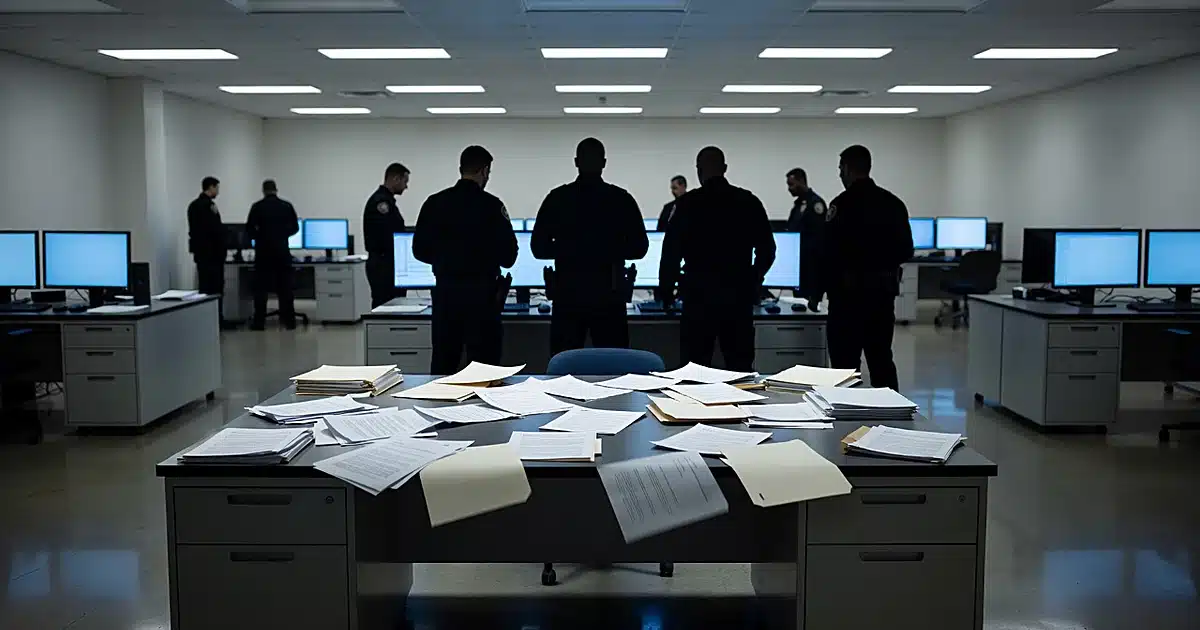 Immigration enforcement office with scattered documents and silhouetted officers around glowing monitors