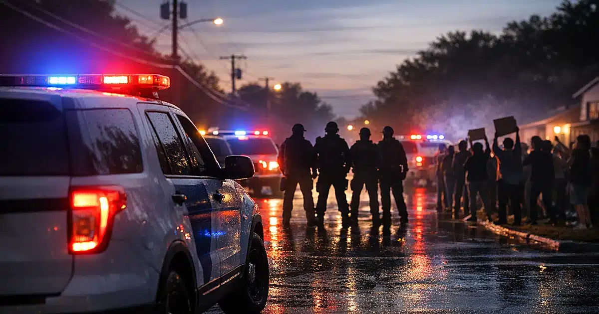 ICE enforcement vehicles with emergency lights active on residential street at dusk with silhouetted figures