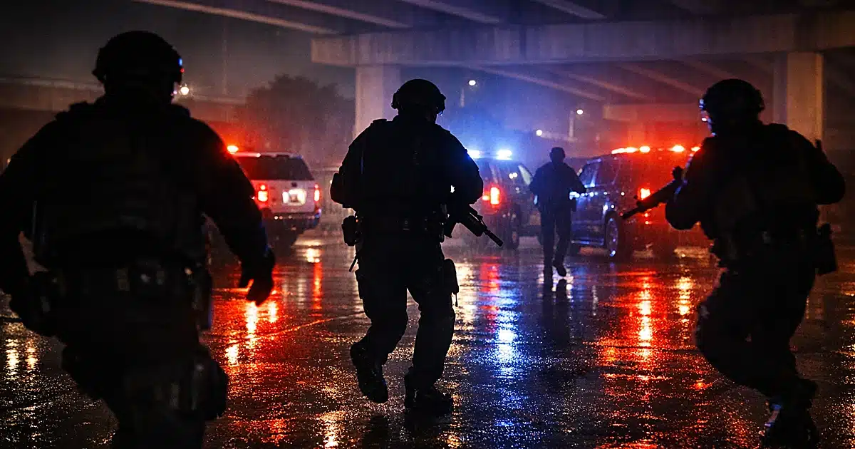 Law enforcement silhouettes under highway overpass at night with emergency vehicle lights reflecting on wet pavement