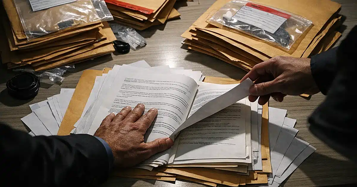 Evidence envelopes and legal documents on table with silhouetted hands reaching to secure papers in courthouse room