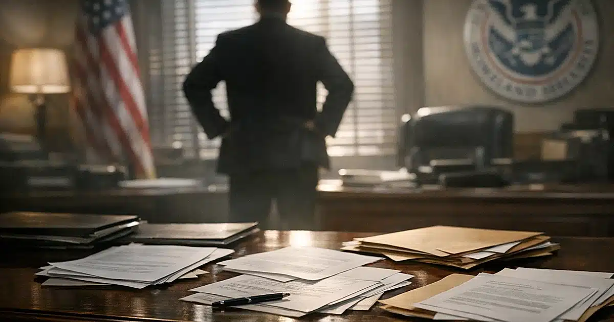 Federal office desk with documents and silhouetted figure at window during investigation