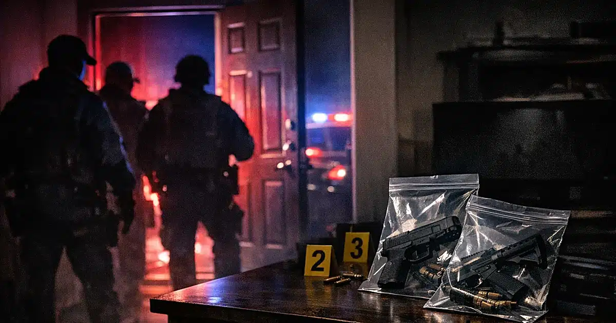 Police silhouettes approaching apartment door with emergency lights and confiscated firearms visible inside
