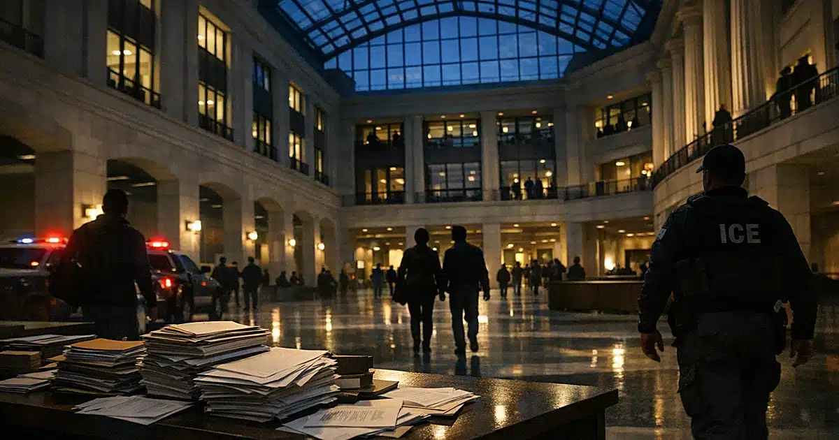 Wide interior view of federal government building lobby with silhouetted figures and processing desk at dusk
