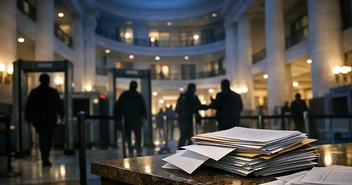Federal building interior with silhouetted figures at security checkpoint and scattered documents on marble counter