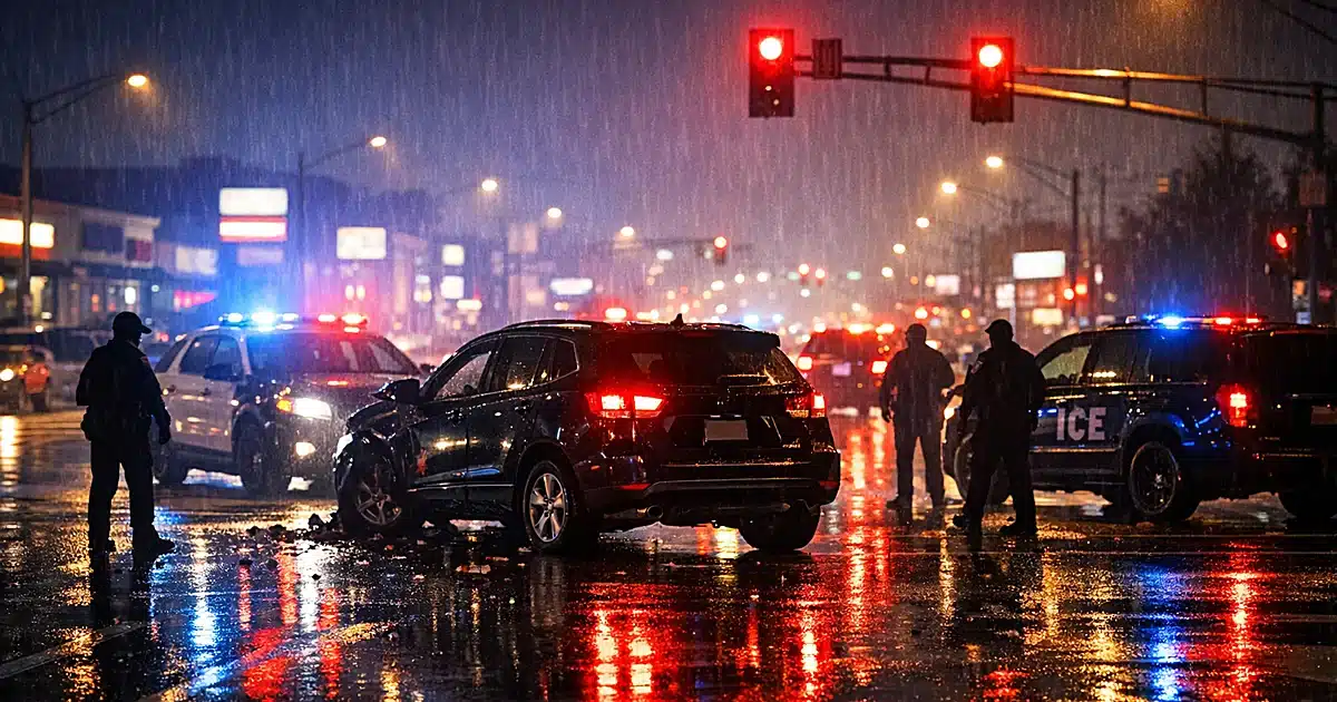 Emergency lights illuminate a wet highway intersection at night with multiple vehicle silhouettes