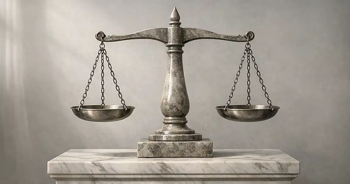 Abstract stone balance scale on marble pedestal with soft natural lighting