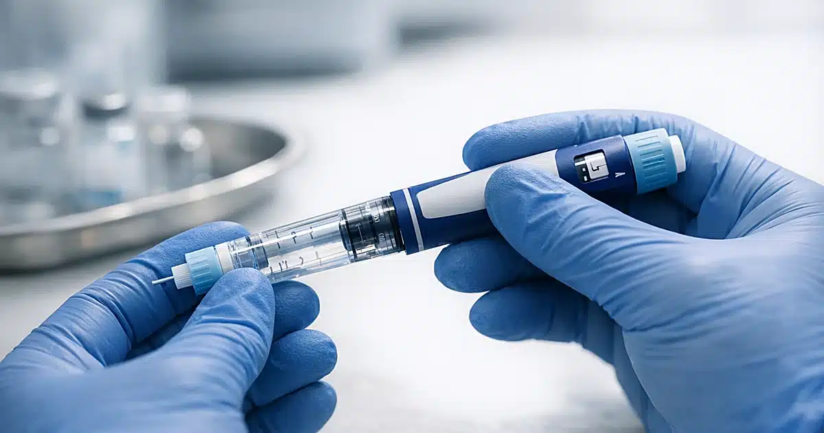 Medical professional holding GLP-1 injection pen in clinical setting with soft lighting