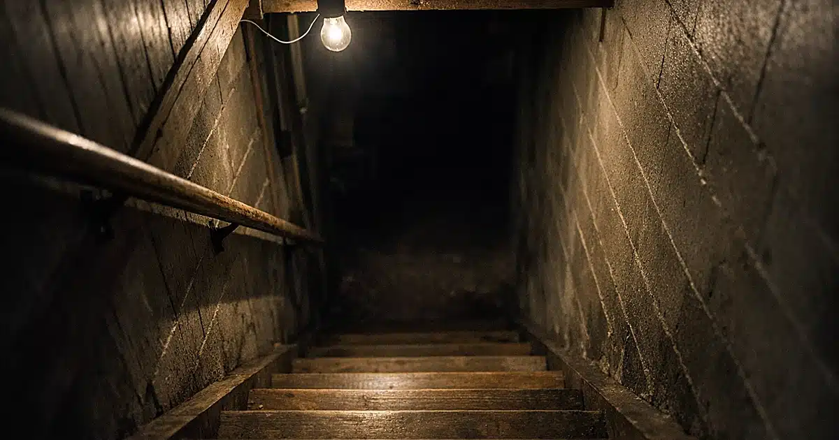 Dimly lit basement staircase descending into darkness with harsh overhead lighting creating dramatic shadows
