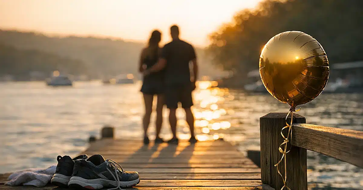 Wooden boat dock with athletic shoes and birthday balloon at lake during golden hour