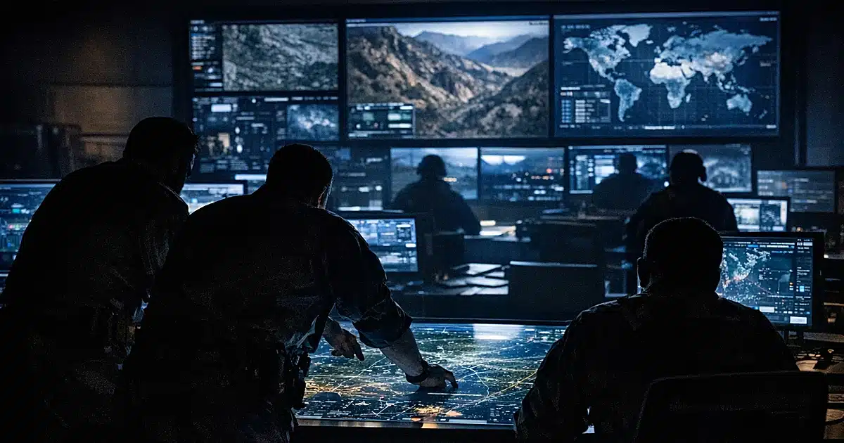 Silhouetted intelligence analysts working in darkened military operations room with glowing tactical screens