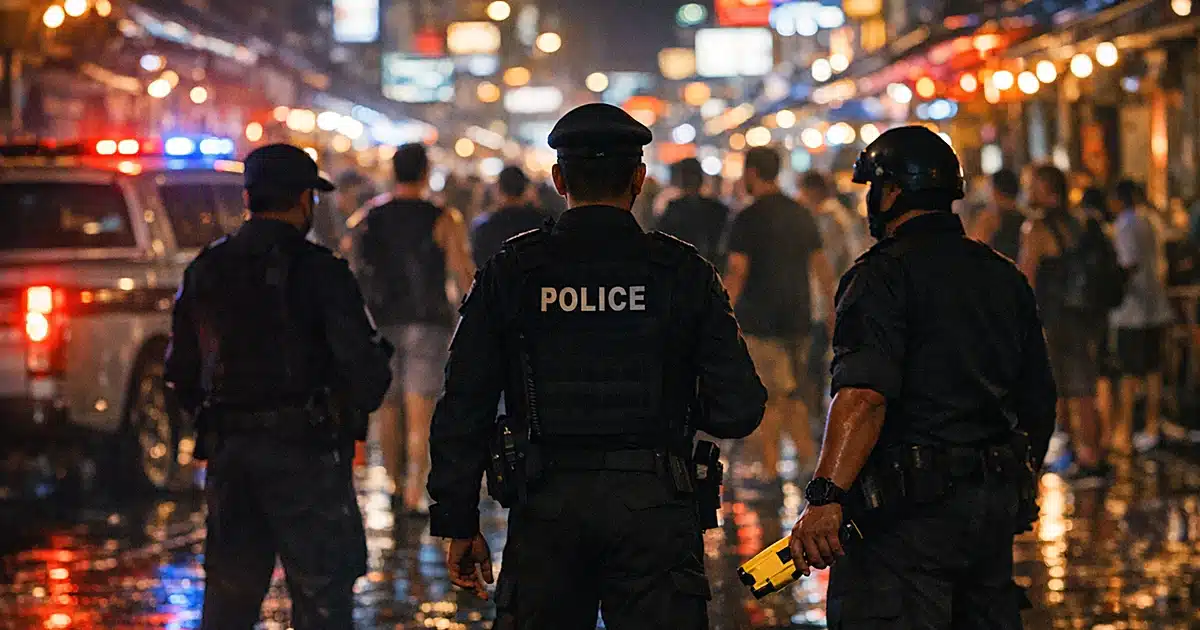 Police officers standing on wet nighttime street in Southeast Asian tourist district with neon lights reflected