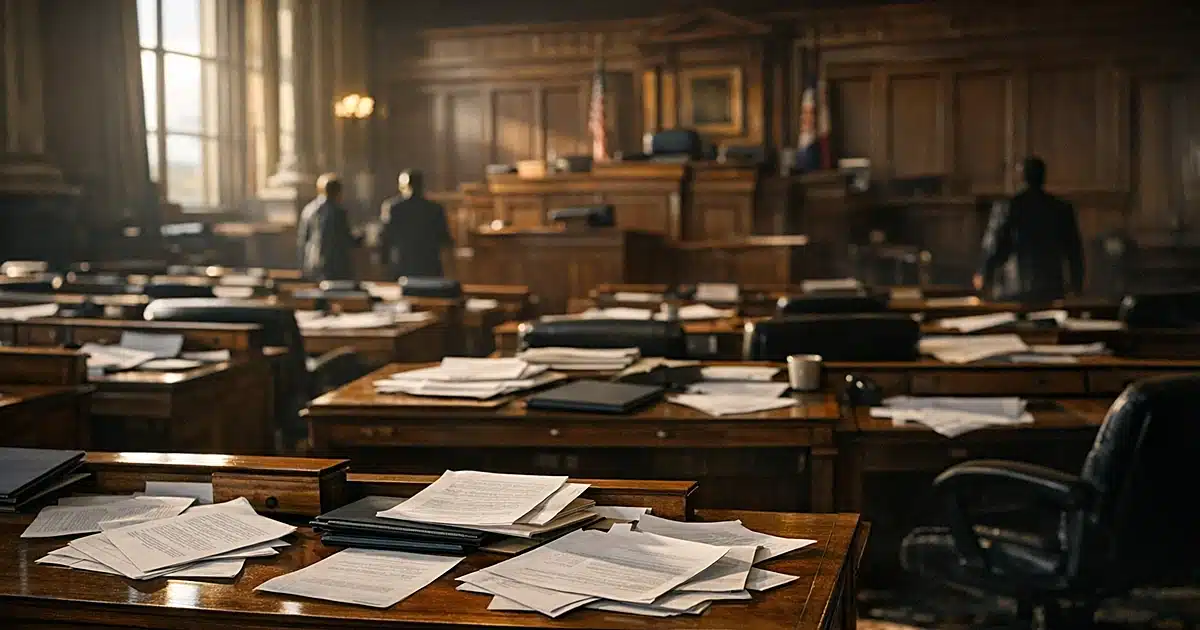 Empty legislative chamber with scattered papers on desks, lit by dramatic window light