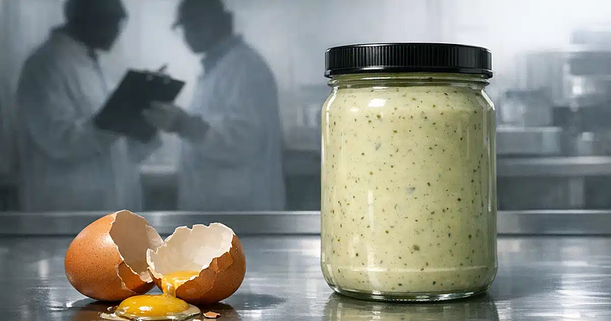 Jar of jalape&ntilde;o ranch dressing on inspection table with cracked egg in foreground and silhouetted inspector behind