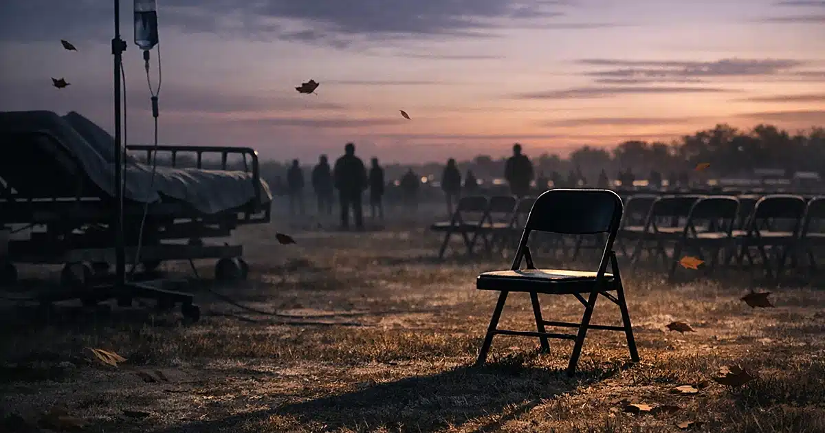 Empty chair on grass with medical equipment shadows at dusk, distant silhouettes in background field