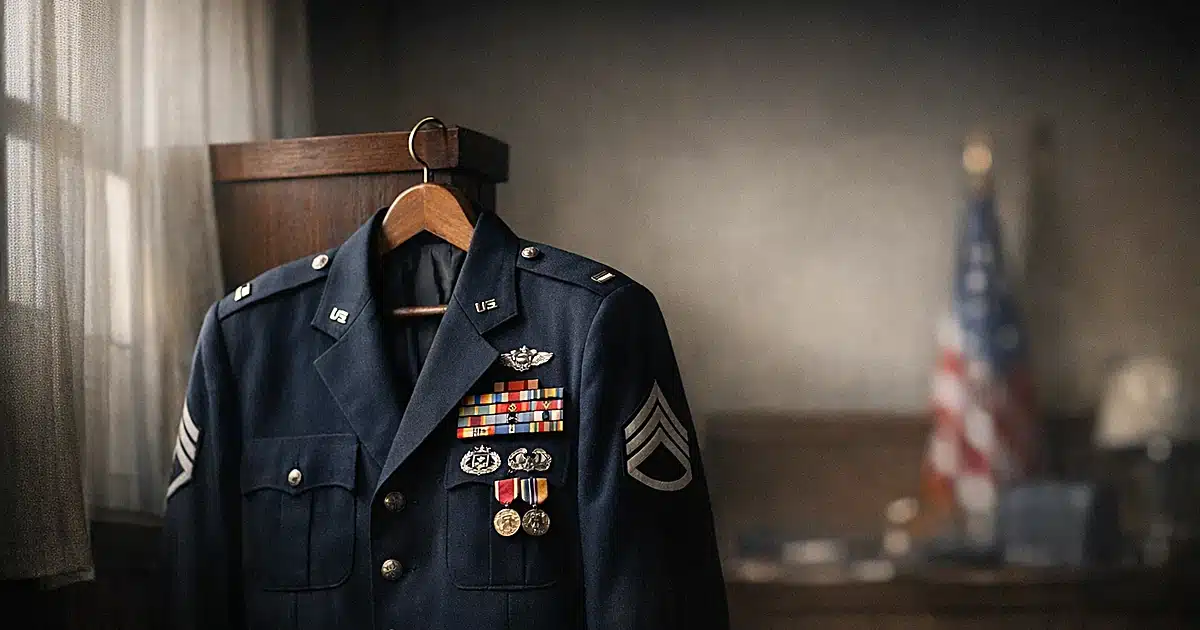 Military dress uniform jacket with service medals hanging alone in dimly lit room