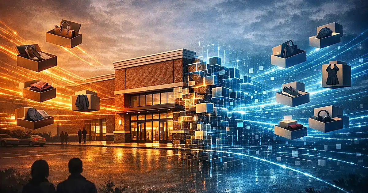 Department store building transforming into digital grid with product boxes streaming toward it from multiple directions