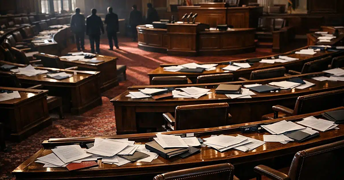 Empty House legislative chamber with scattered papers on desks suggesting political confrontation