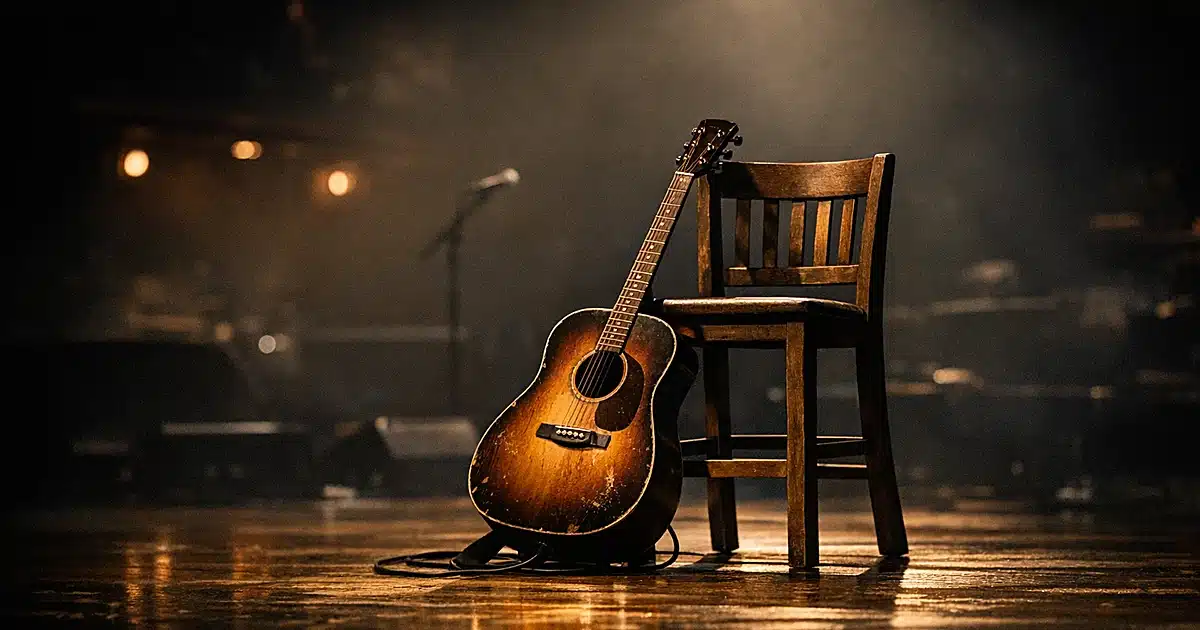 Acoustic guitar resting against chair on empty stage with spotlight illuminating instrument in darkness