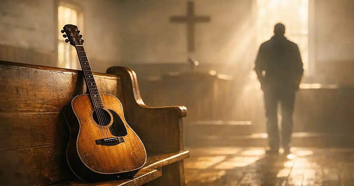 Acoustic guitar leaning against wooden church pew in empty chapel with afternoon light streaming across floor