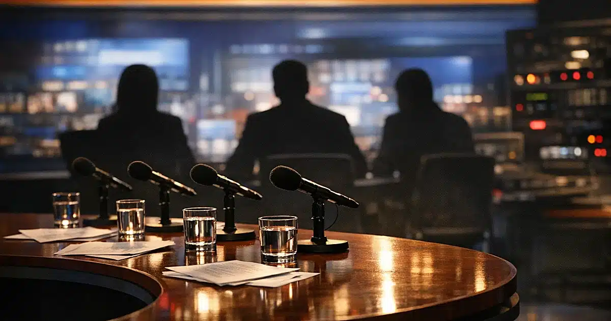 Television studio panel desk with five microphones and water glasses under broadcast lighting