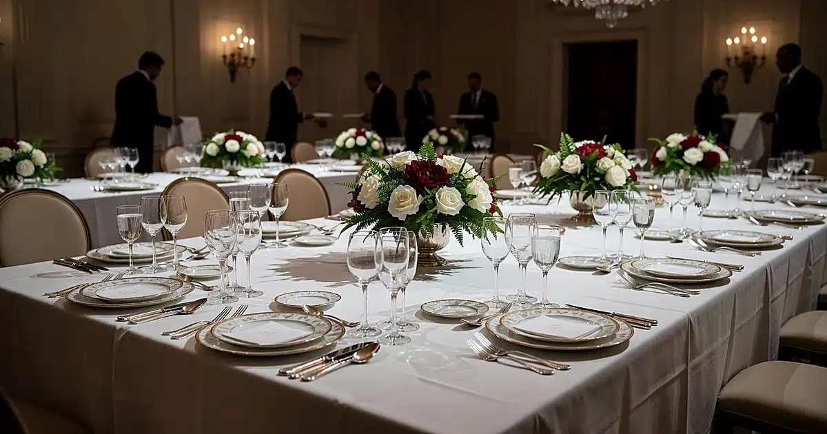 Formal state dinner table set with fine china and crystal glassware in elegant White House dining room