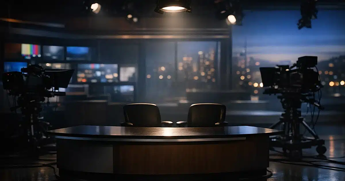 Empty television studio desk under spotlight with dark monitors and camera equipment in shadows