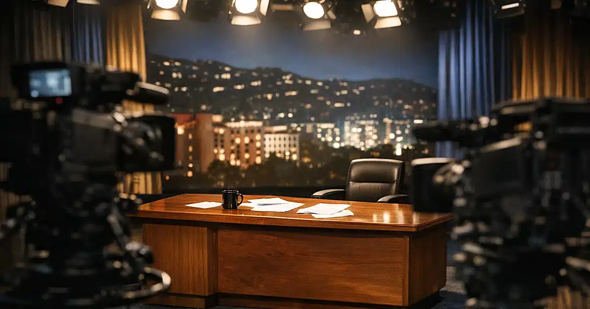 Empty late-night television studio desk under stage lights with camera silhouettes in foreground