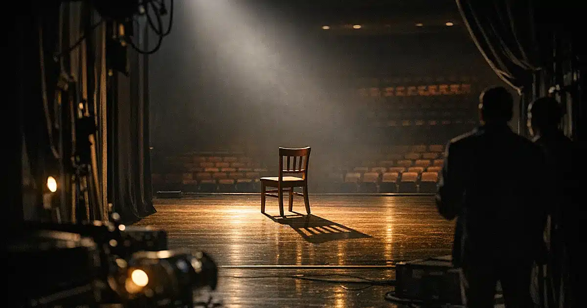 Empty theater stage with single chair under spotlight, dark auditorium beyond