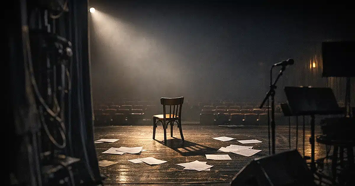 Empty theater stage with spotlight on vacant chair and scattered sheet music in shadows