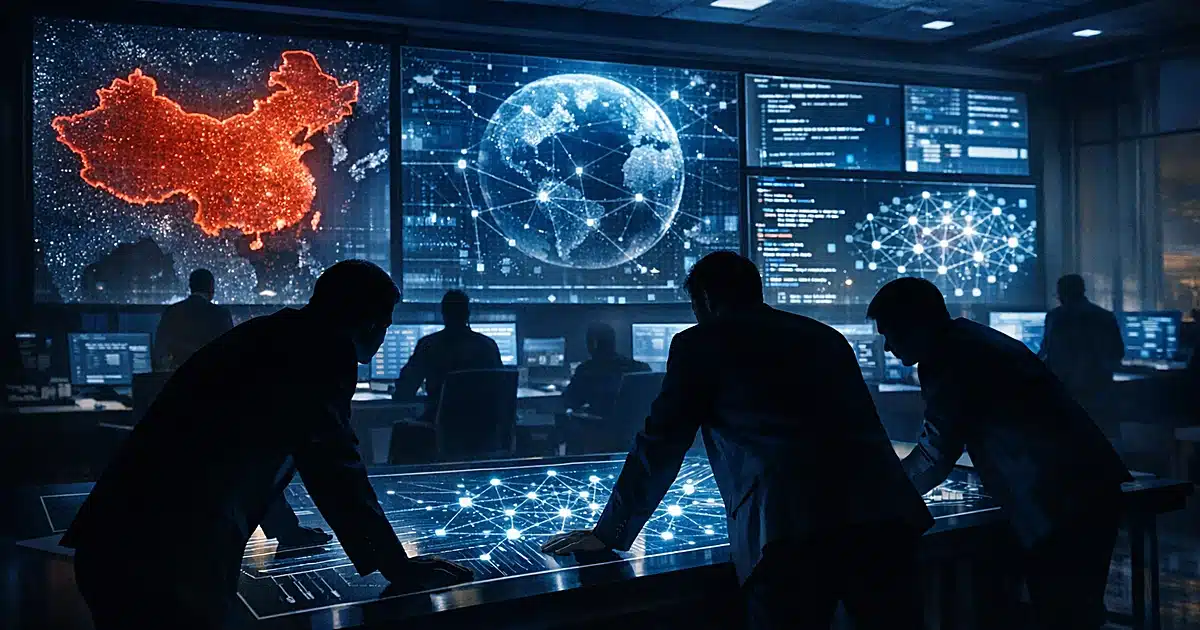 Silhouetted figures working over illuminated tech displays in a modern operations center with glowing data screens