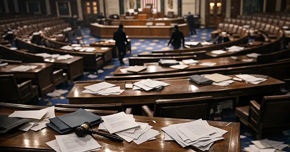Empty House chamber with scattered papers on desks after members departed for recess