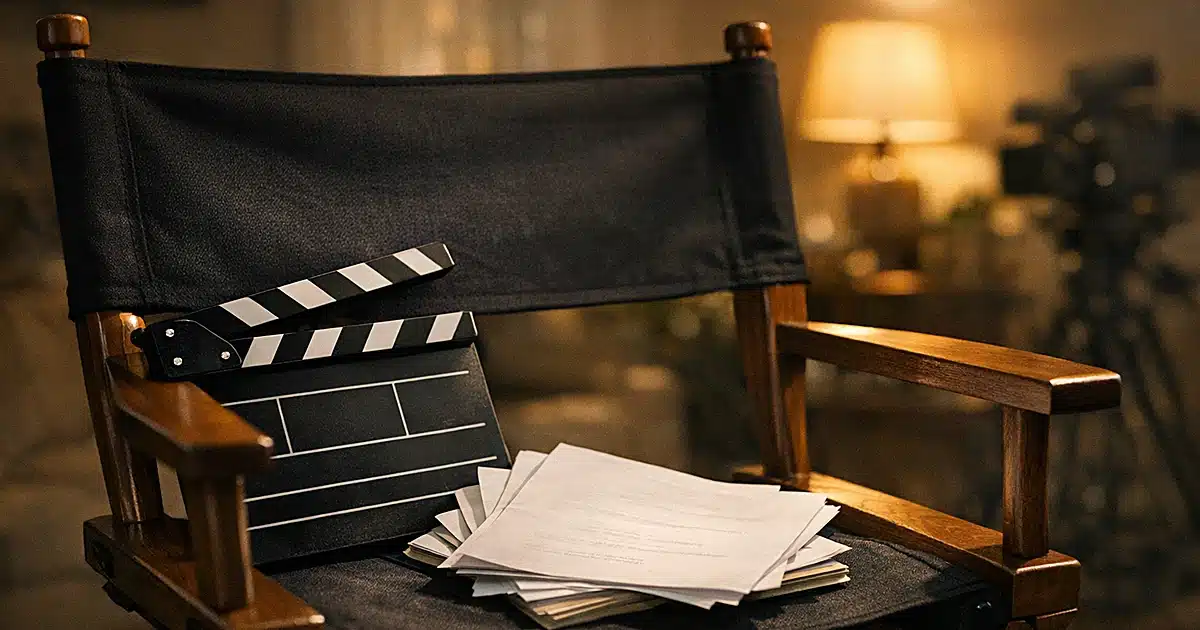 Film slate and blank script pages on director's chair in dimly lit home interior with warm ambient lighting
